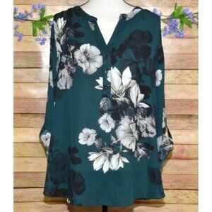 Zac & Rachel Womens Green Floral V-Neck Blouse Plus Size 2X Long Roll Tab Sleeve